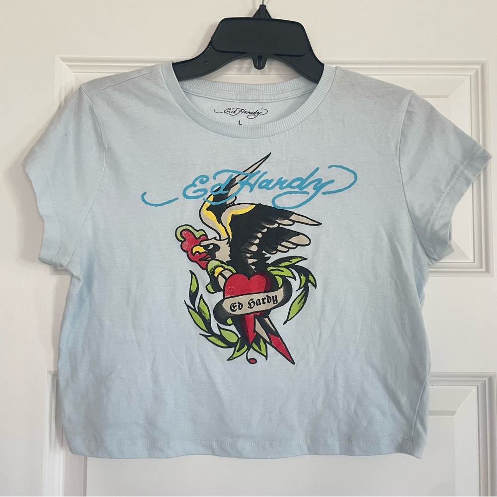 Ed Hardy Light Blue Cropped Baby Tee Tattoo Graphic Top